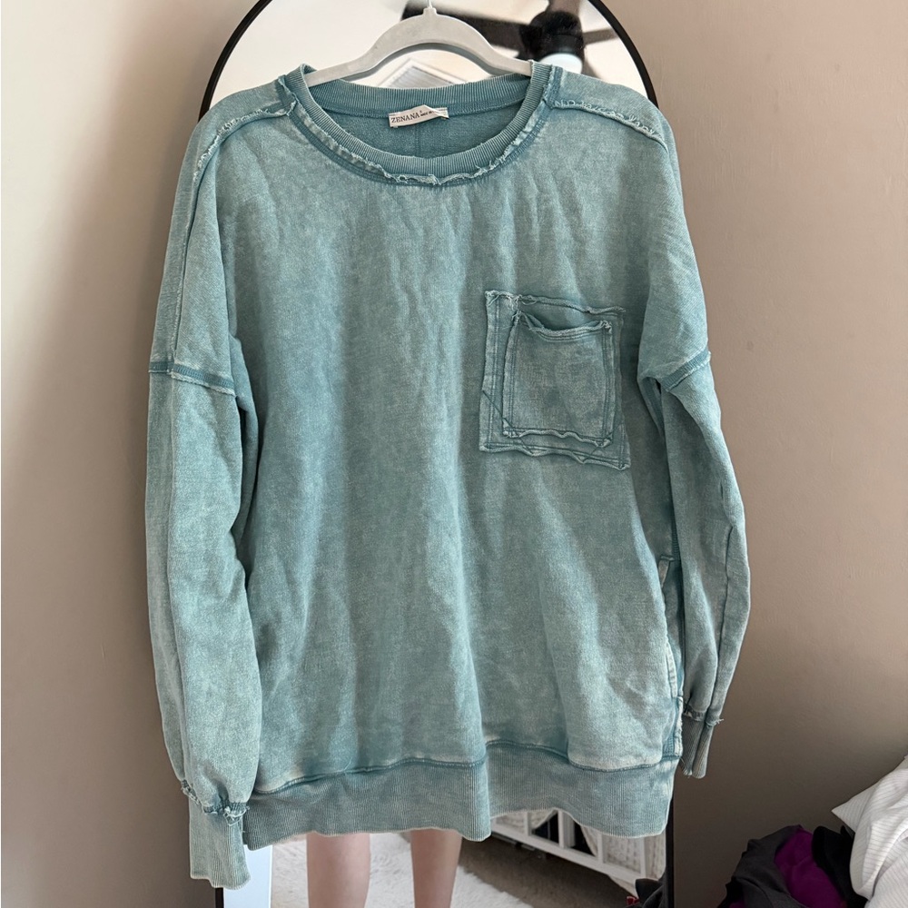 Zenana Outfitters Light Teal Washed Pullover Sweatshirt